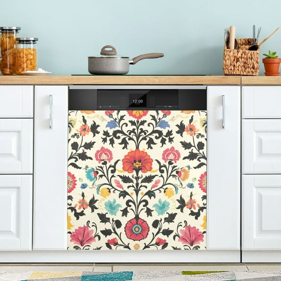 Yayeee Magnetic Dishwasher Cover for The Front Decoration Home Kitchen Machine Sticker Protector, Beige Red Floral
