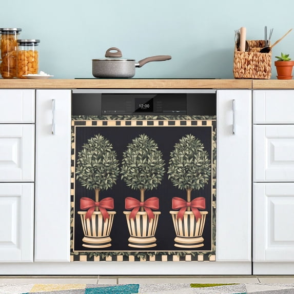 Yayeee Magnetic Dishwasher Cover for The Front Decoration Home Kitchen Machine Sticker Protector, Beige Striped Trees