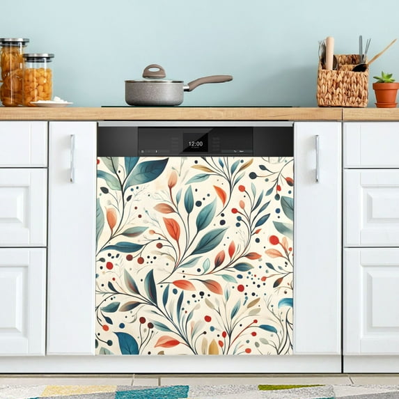 Yayeee Magnetic Dishwasher Cover for The Front Decoration Home Kitchen Machine Sticker Protector, Beige Whimsical Leaves