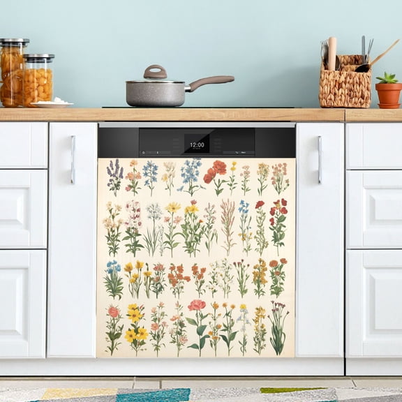Yayeee Magnetic Dishwasher Cover for The Front Decoration Home Kitchen Machine Sticker Protector, Beige Wildflowers
