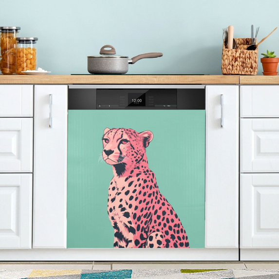 Yayeee Magnetic Dishwasher Cover for The Front Decoration Home Kitchen Machine Sticker Protector, Big Pink Cheetah