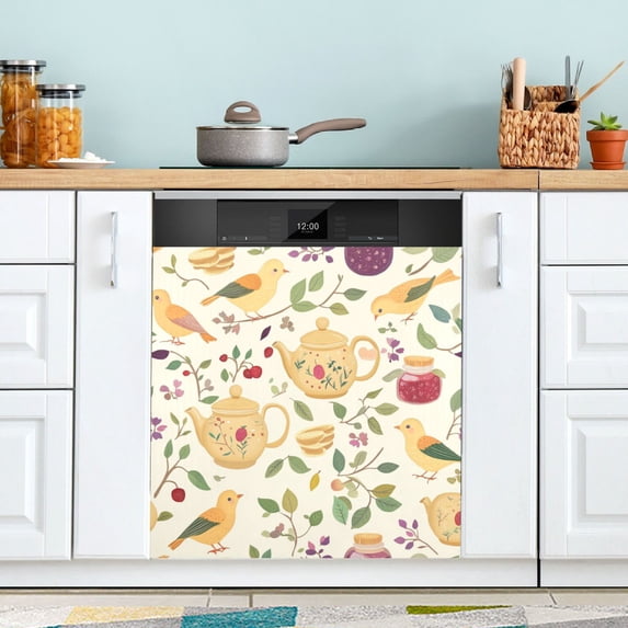 Yayeee Magnetic Dishwasher Cover for The Front Decoration Home Kitchen Machine Sticker Protector, Birds Tea Time