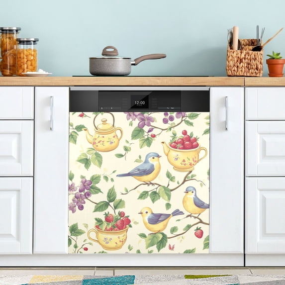 Yayeee Magnetic Dishwasher Cover for The Front Decoration Home Kitchen Machine Sticker Protector, Birds with Strawberries