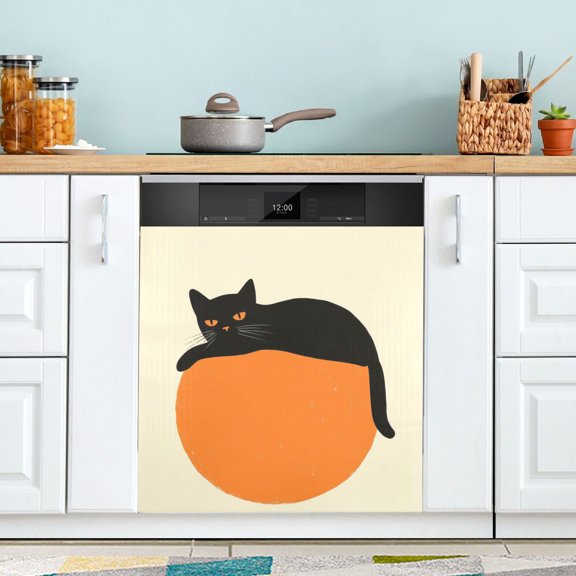 Yayeee Magnetic Dishwasher Cover for The Front Decoration Home Kitchen Machine Sticker Protector, Black Cat Orange Ball