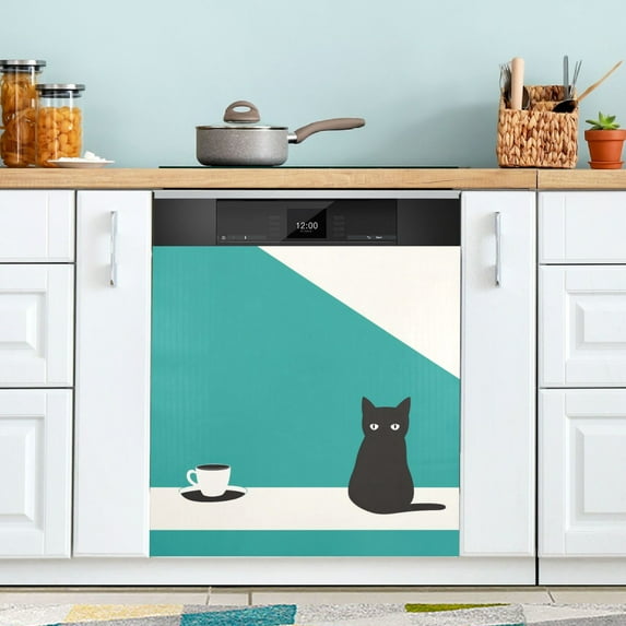 Yayeee Magnetic Dishwasher Cover for The Front Decoration Home Kitchen Machine Sticker Protector, Black Cat and Coffee