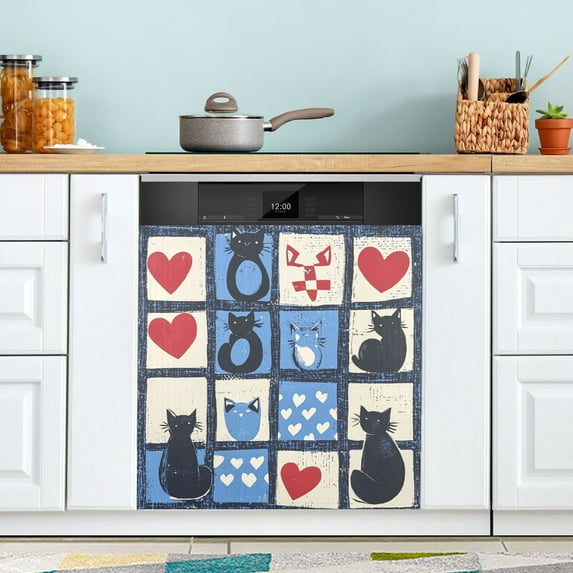 Yayeee Magnetic Dishwasher Cover for The Front Decoration Home Kitchen Machine Sticker Protector, Black Cats and Hearts