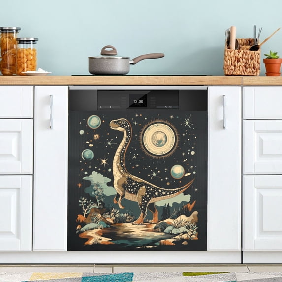 Yayeee Magnetic Dishwasher Cover for The Front Decoration Home Kitchen Machine Sticker Protector, Black Dinosaur