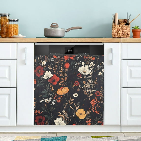 Yayeee Magnetic Dishwasher Cover for The Front Decoration Home Kitchen Machine Sticker Protector, Black Floral Pattern