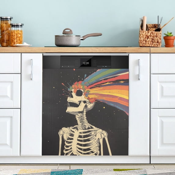 Yayeee Magnetic Dishwasher Cover for The Front Decoration Home Kitchen Machine Sticker Protector, Black Skeleton