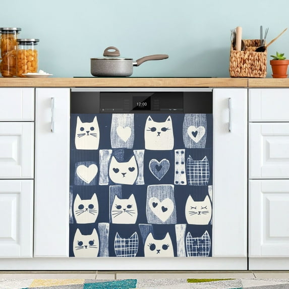 Yayeee Magnetic Dishwasher Cover for The Front Decoration Home Kitchen Machine Sticker Protector, Blue Cats and Hearts