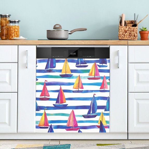 Yayeee Magnetic Dishwasher Cover for The Front Decoration Home Kitchen Machine Sticker Protector, Blue Hand Drawn Sailboats