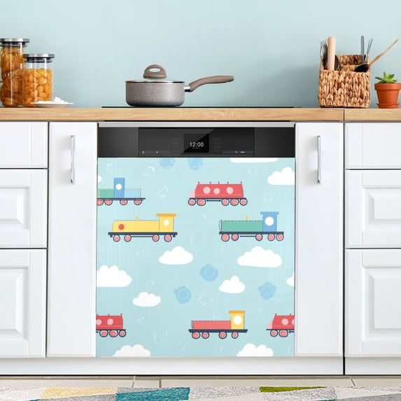 Yayeee Magnetic Dishwasher Cover for The Front Decoration Home Kitchen Machine Sticker Protector, Blue Trains Pattern