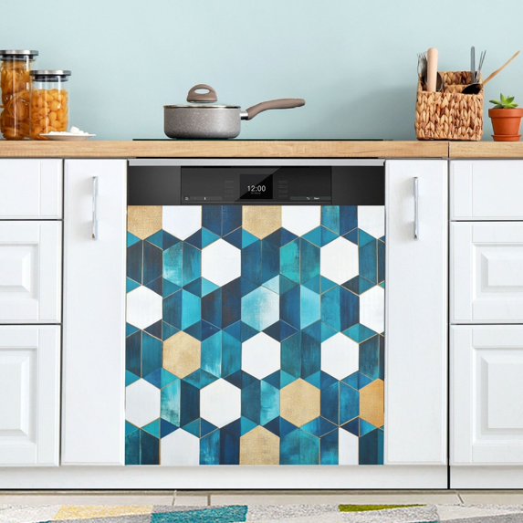 Yayeee Magnetic Dishwasher Cover for The Front Decoration Home Kitchen Machine Sticker Protector, Blue White Geometric Patterns