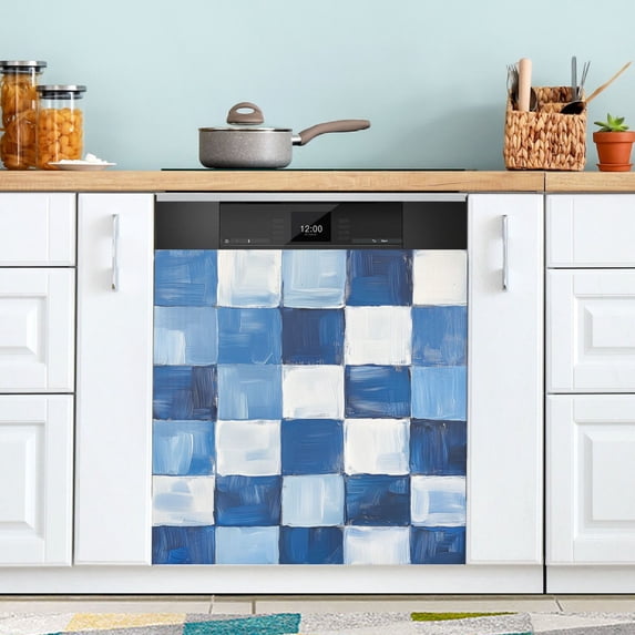 Yayeee Magnetic Dishwasher Cover for The Front Decoration Home Kitchen Machine Sticker Protector, Blue and Gray Plaid Pattern