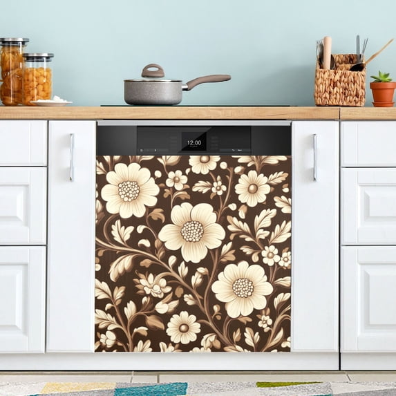 Yayeee Magnetic Dishwasher Cover for The Front Decoration Home Kitchen Machine Sticker Protector, Brown Floral