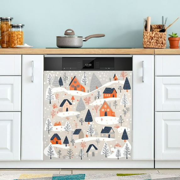 Yayeee Magnetic Dishwasher Cover for The Front Decoration Home Kitchen Machine Sticker Protector, Cartoon Gray Houses