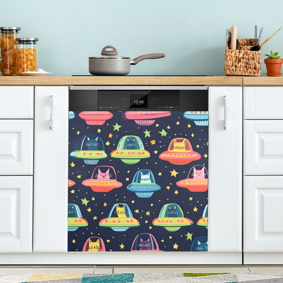 Yayeee Magnetic Dishwasher Cover for The Front Decoration Home Kitchen Machine Sticker Protector, Cartoon Space Cat