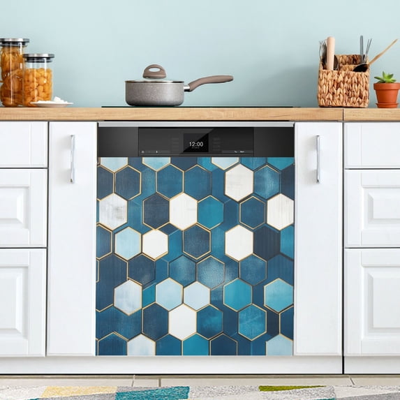Yayeee Magnetic Dishwasher Cover for The Front Decoration Home Kitchen Machine Sticker Protector, Dark Blue Hexagon Patterns