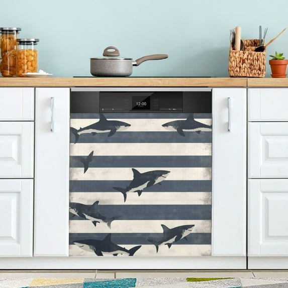 Yayeee Magnetic Dishwasher Cover for The Front Decoration Home Kitchen Machine Sticker Protector, Dark Sharks