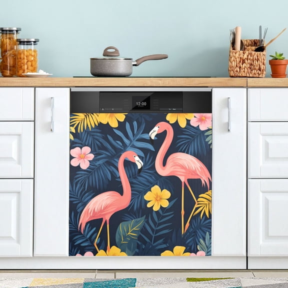 Yayeee Magnetic Dishwasher Cover for The Front Decoration Home Kitchen Machine Sticker Protector, Floral Flamingo