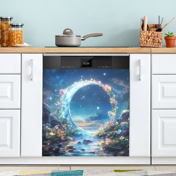 Yayeee Magnetic Dishwasher Cover for The Front Decoration Home Kitchen Machine Sticker Protector, Floral Moon