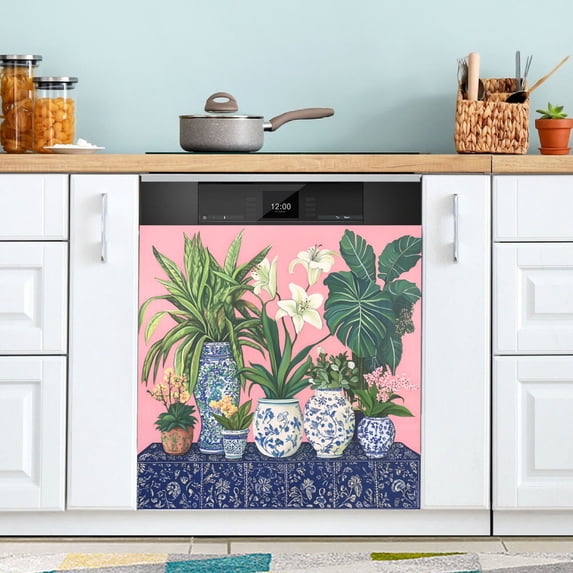 Yayeee Magnetic Dishwasher Cover for The Front Decoration Home Kitchen Machine Sticker Protector, Floral Vase