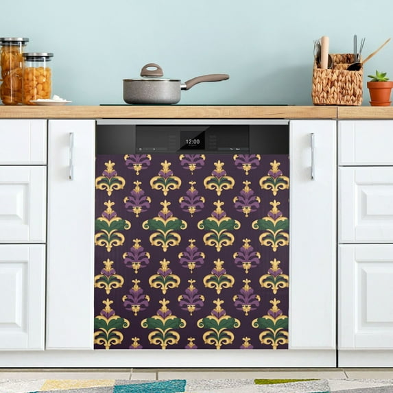 Yayeee Magnetic Dishwasher Cover for The Front Decoration Home Kitchen Machine Sticker Protector, Gold and Purple Floral Pattern