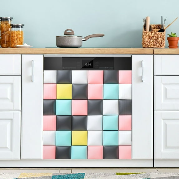 Yayeee Magnetic Dishwasher Cover for The Front Decoration Home Kitchen Machine Sticker Protector, Gray Checkered Pattern