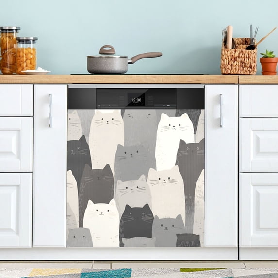 Yayeee Magnetic Dishwasher Cover for The Front Decoration Home Kitchen Machine Sticker Protector, Gray Cute Cats