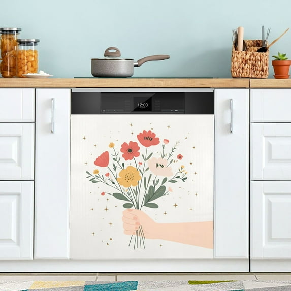 Yayeee Magnetic Dishwasher Cover for The Front Decoration Home Kitchen Machine Sticker Protector, Gray Cute Flower