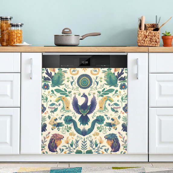 Yayeee Magnetic Dishwasher Cover for The Front Decoration Home Kitchen Machine Sticker Protector, Green Animals Pattern