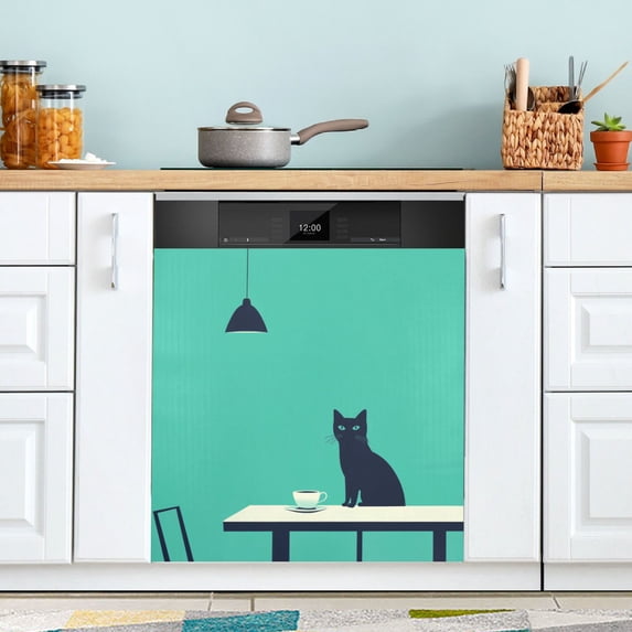 Yayeee Magnetic Dishwasher Cover for The Front Decoration Home Kitchen Machine Sticker Protector, Green Cat