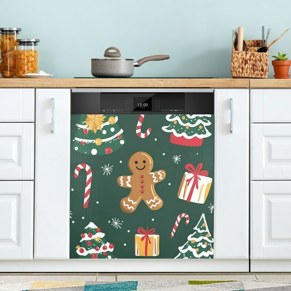Yayeee Magnetic Dishwasher Cover for The Front Decoration Home Kitchen Machine Sticker Protector, Green Christmas Gingerbread