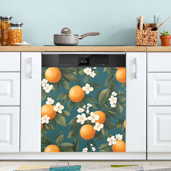 Yayeee Magnetic Dishwasher Cover for The Front Decoration Home Kitchen Machine Sticker Protector, Green Floral Orange