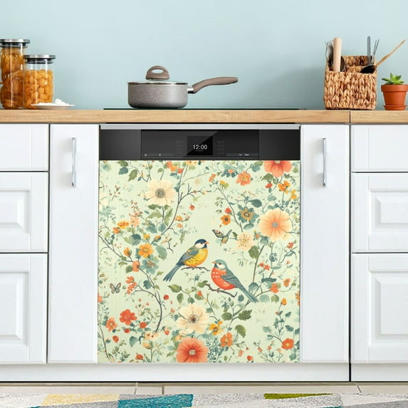 Yayeee Magnetic Dishwasher Cover for The Front Decoration Home Kitchen Machine Sticker Protector, Green Floral Pattern