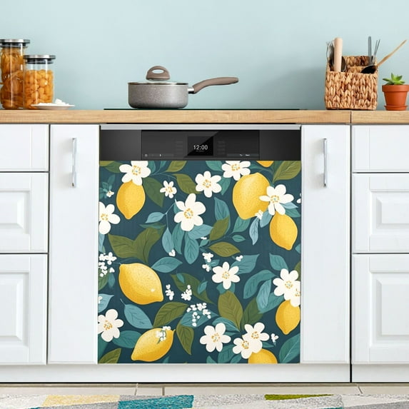 Yayeee Magnetic Dishwasher Cover for The Front Decoration Home Kitchen Machine Sticker Protector, Green Lemon Leaves