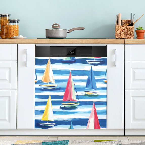 Yayeee Magnetic Dishwasher Cover for The Front Decoration Home Kitchen Machine Sticker Protector, Green Sailboats