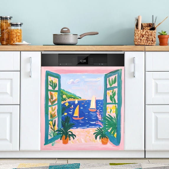 Yayeee Magnetic Dishwasher Cover for The Front Decoration Home Kitchen Machine Sticker Protector, Green Seaside