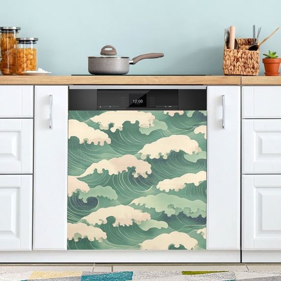 Yayeee Magnetic Dishwasher Cover for The Front Decoration Home Kitchen Machine Sticker Protector, Green Wave Pattern