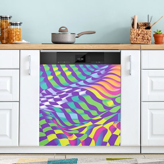 Yayeee Magnetic Dishwasher Cover for The Front Decoration Home Kitchen Machine Sticker Protector, Green Wavy Pattern