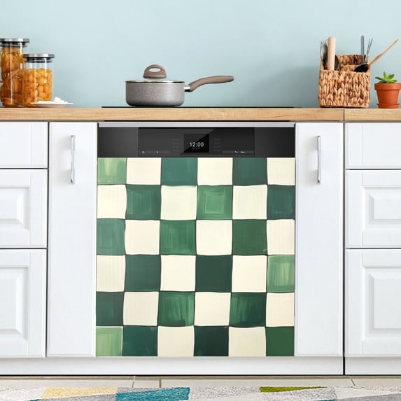 Yayeee Magnetic Dishwasher Cover for The Front Decoration Home Kitchen Machine Sticker Protector, Green and White Plaid Pattern