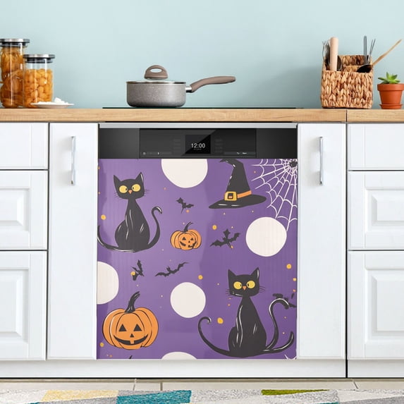 Yayeee Magnetic Dishwasher Cover for The Front Decoration Home Kitchen Machine Sticker Protector, Halloween Black Cat