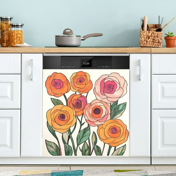 Yayeee Magnetic Dishwasher Cover for The Front Decoration Home Kitchen Machine Sticker Protector, Hand Drawn Floral