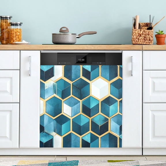 Yayeee Magnetic Dishwasher Cover for The Front Decoration Home Kitchen Machine Sticker Protector, Light Blue Geometric Pattern