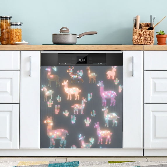 Yayeee Magnetic Dishwasher Cover for The Front Decoration Home Kitchen Machine Sticker Protector, Neon Llamas Pattern