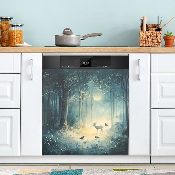 Yayeee Magnetic Dishwasher Cover for The Front Decoration Home Kitchen Machine Sticker Protector, Night Forest Scene