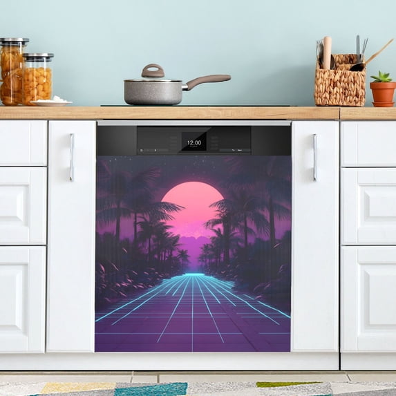 Yayeee Magnetic Dishwasher Cover for The Front Decoration Home Kitchen Machine Sticker Protector, Night Neon Road