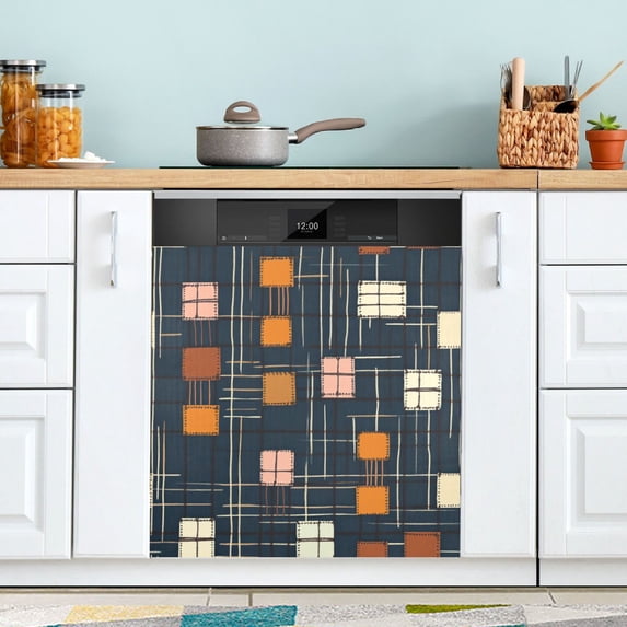 Yayeee Magnetic Dishwasher Cover for The Front Decoration Home Kitchen Machine Sticker Protector, Orange Checkered Pattern