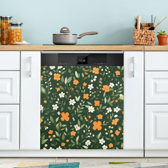 Yayeee Magnetic Dishwasher Cover for The Front Decoration Home Kitchen Machine Sticker Protector, Orange Flowers