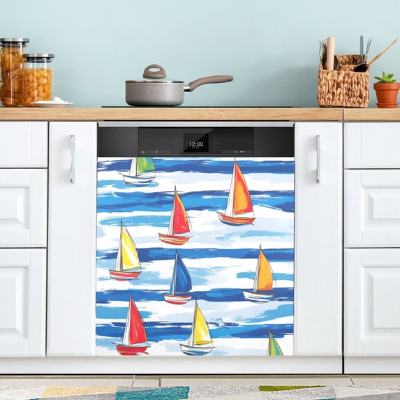 Yayeee Magnetic Dishwasher Cover for The Front Decoration Home Kitchen Machine Sticker Protector, Orange Sailboats
